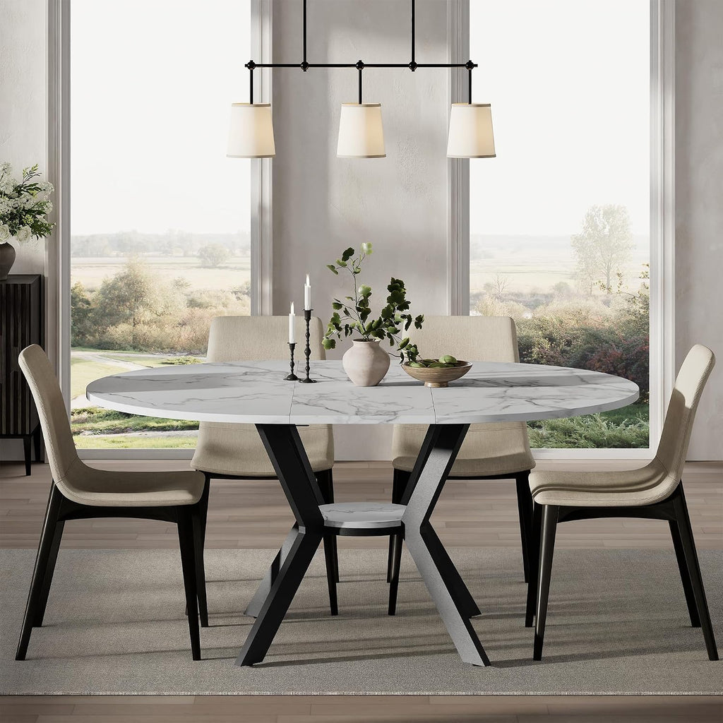 42"-58" Round Extendable Dining Table for 4-6, Kitchen Oval Table with Hidden Leaves & Storage Shelf, Space Saving Modern Design with Sturdy Metal Legs for Kitchen, Dining Room & Small Apartments