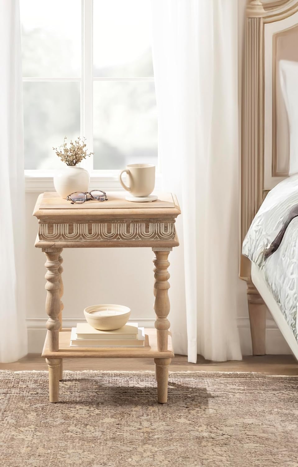 Kate and Laurel Patresa Traditional Carved Wood Side Table, 18 x 14 x 24, Light Natural, Decorative Rectangle End Table with Tiered Design for Use as Bedroom Nightstand