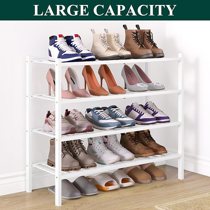 Smiry Bamboo Shoe Rack for Closet, 4 Tier Wooden Stackable Shoe Organizer, Free Standing Shoes Storage Shelf for Entryway, Front Door Entrance, White