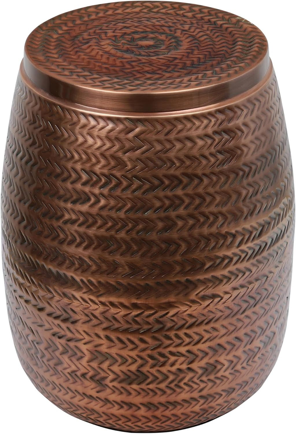 happimess SSL2003A Jasper 15" Modern Rustic Arrow-Hammered Metal Drum Storage Side Table with Lid, End Table for Decoration in Living Room, Bedroom, Bathroom, Antique Copper