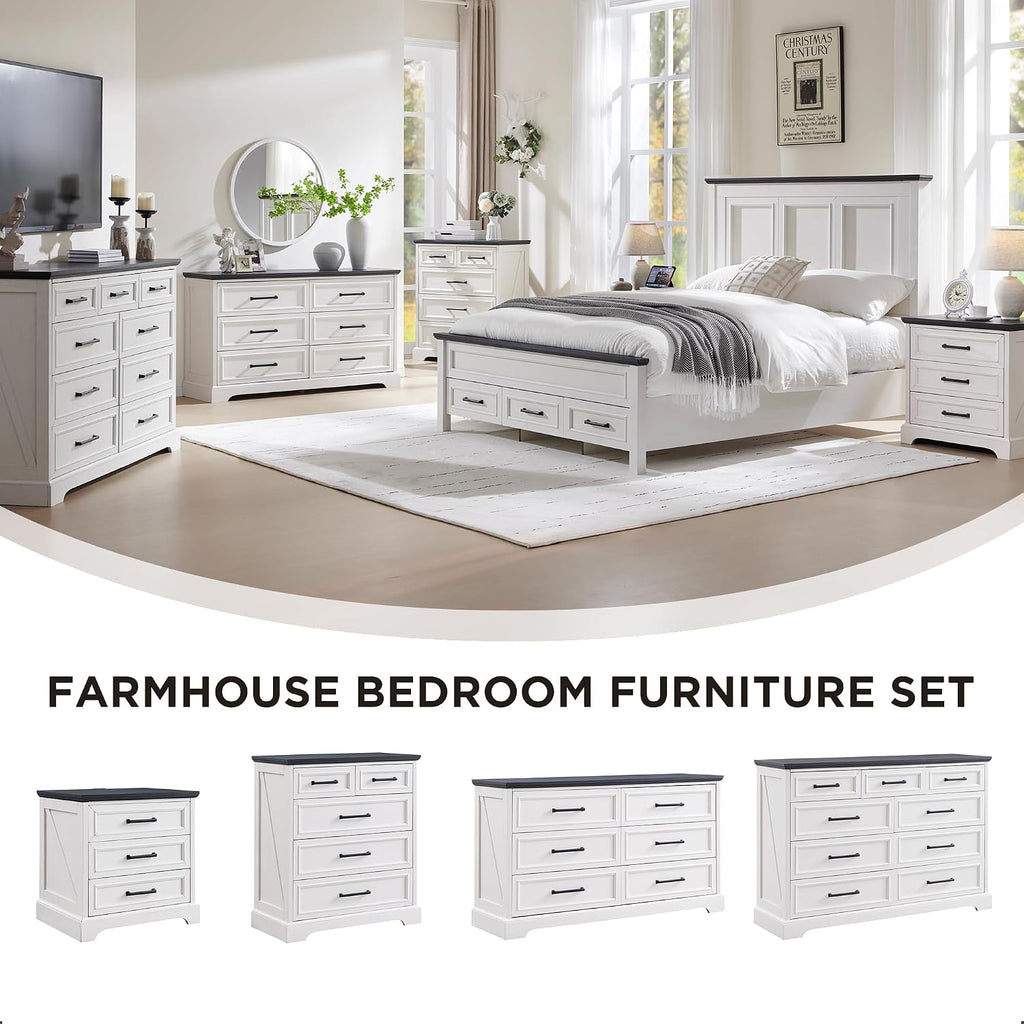 ACCOHOHO 22" Farmhouse Nightstands Set of 2 with 3 Drawers, Off White | Charging Station, Metal Handles, X-brace Side Panels, Arched Foot Base, Modern End Table, for Bedroom, Living Room