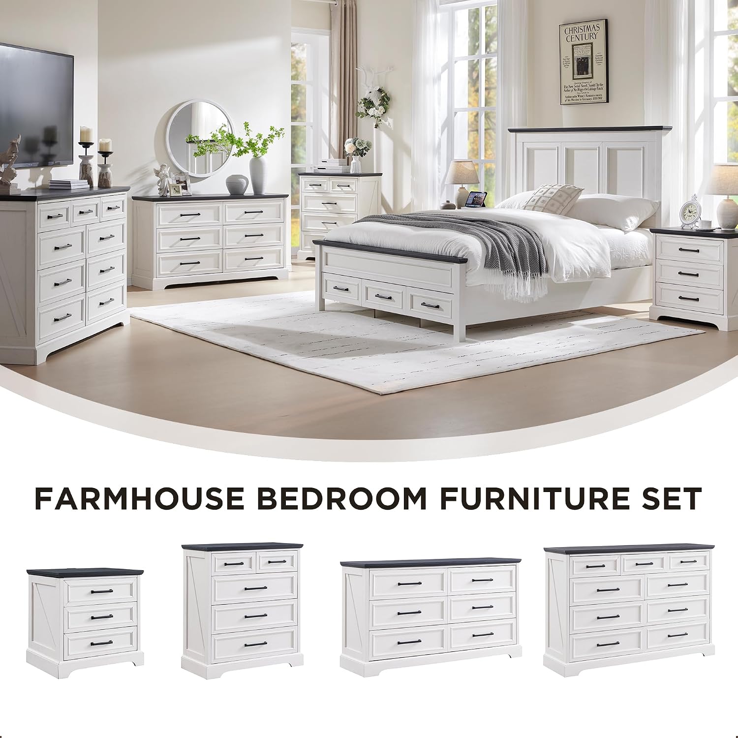 ACCOHOHO 22" Farmhouse Nightstands Set of 2 with 3 Drawers, Off White | Charging Station, Metal Handles, X-brace Side Panels, Arched Foot Base, Modern End Table, for Bedroom, Living Room