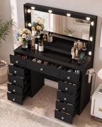 Otterease Black Makeup Vanity with Mirror and Lights,11 Drawers & Glass Top | Vanity Desk Table with Charging Station and 10 LED Bulbs, Hair Dryer Holder, for Bedroom