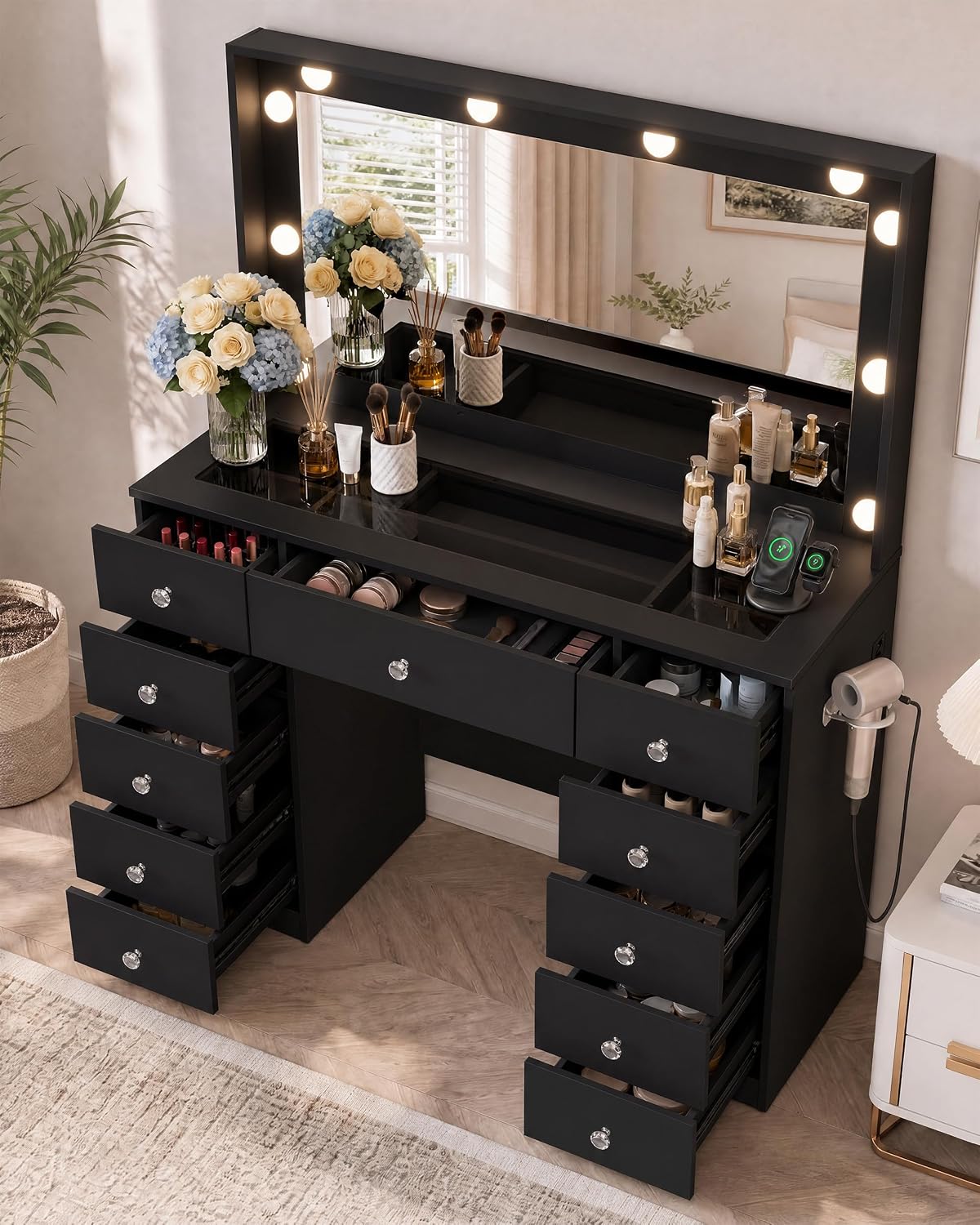 Otterease Black Makeup Vanity with Mirror and Lights,11 Drawers & Glass Top | Vanity Desk Table with Charging Station and 10 LED Bulbs, Hair Dryer Holder, for Bedroom