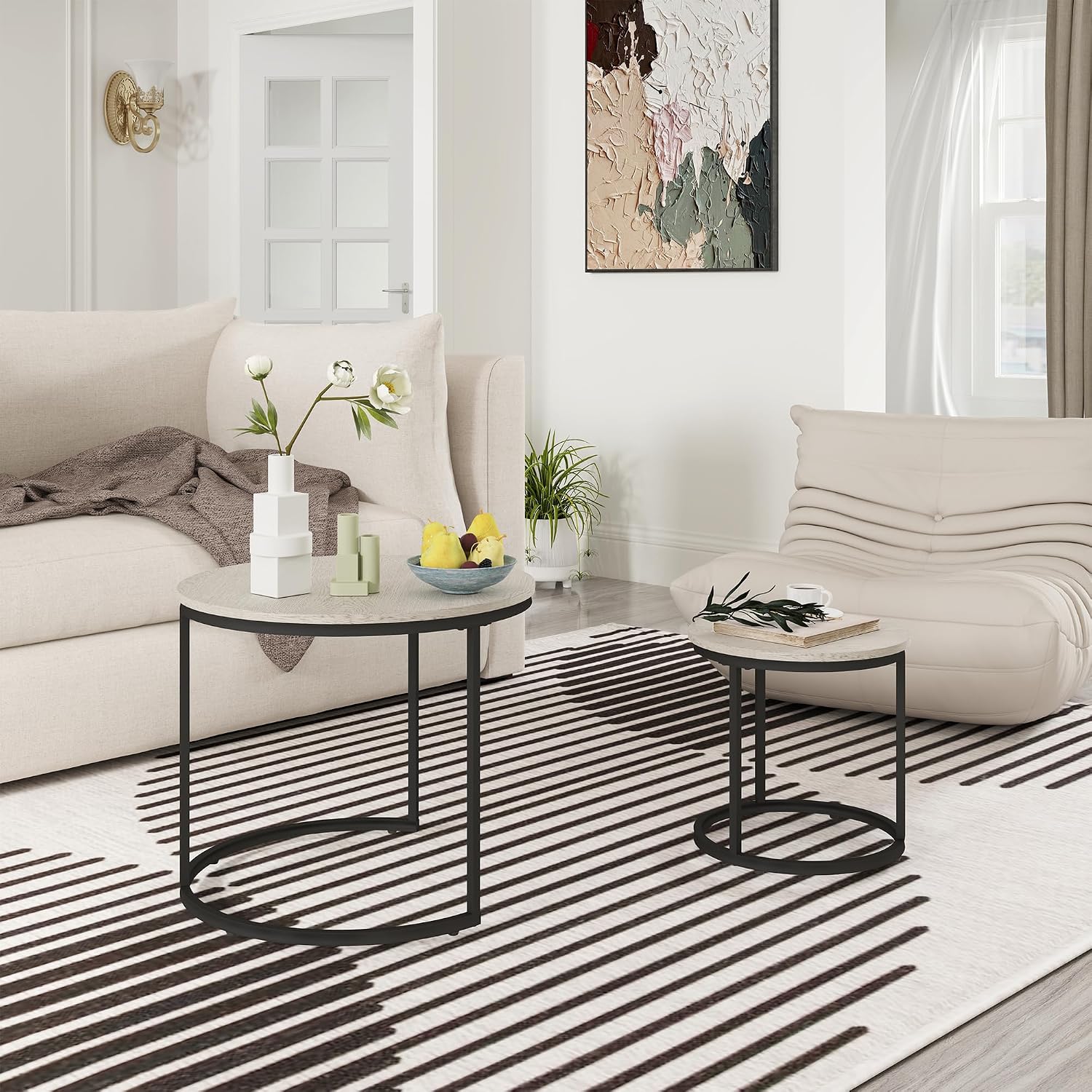 Otterease Nesting Tables Set of 2, Small Round Coffee Table for Living Room | Nesting Coffee Table with Adjustable Non-Slip Feet, Wood Grain Top Nesting Table for Living Room, Bedroom (Wood Grain Grey)