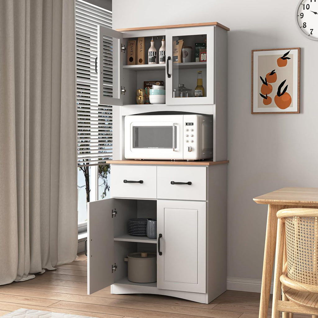 66.9'' Kitchen Pantry Cabinet, White Pantry Storage Microwave Cabinet with Glass Doors, Adjustable Shelves, Drawer, Freestanding Larder Cupboard for Kitchen, Dining Room