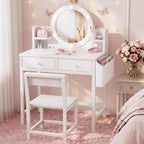 BOLUO Kids Vanity Table and Chair Set, Kids Vanity for Girls with Lights and Mirror, 2 in 1 Kid Vanity Set, Princess Makeup Vanity Desk with Drawers White