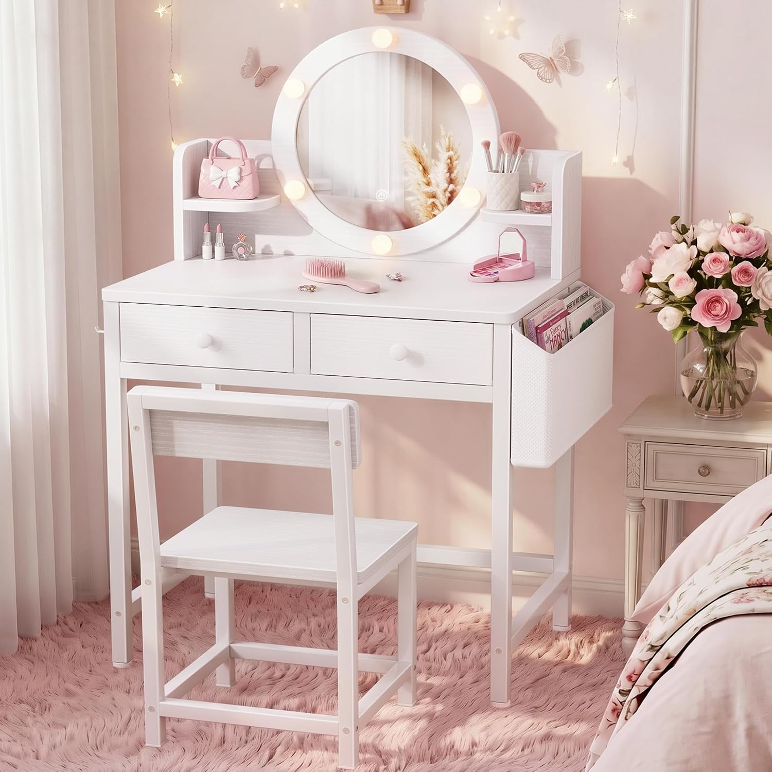 BOLUO Kids Vanity Table and Chair Set, Kids Vanity for Girls with Lights and Mirror, 2 in 1 Kid Vanity Set, Princess Makeup Vanity Desk with Drawers White