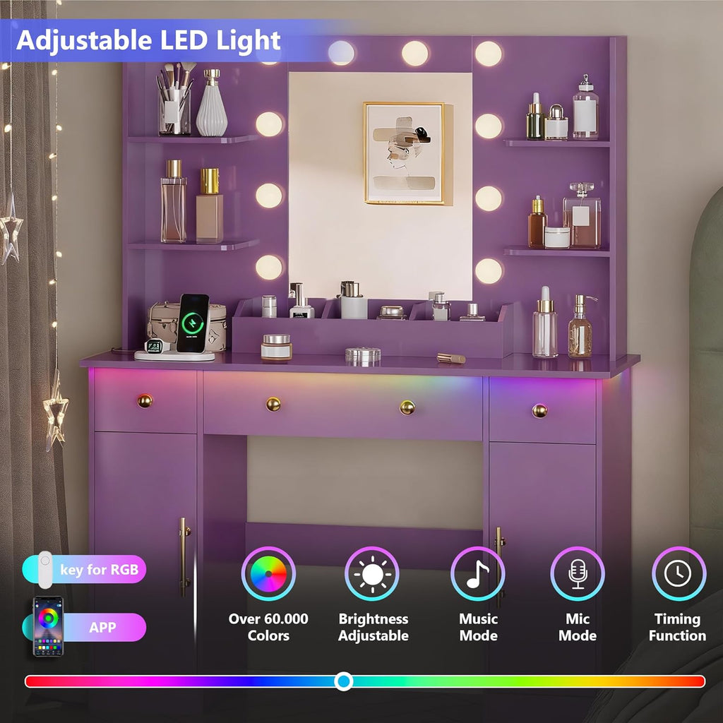 HUANLEGO Vanity Desk with Mirror and Lights, Makeup Vanity with Mirror and LED Lights & Power Outlet, 3 Drawers and Cabinets, 3 Lighting Modes Dressing Table Set for Girls Women Bedroom,Purple