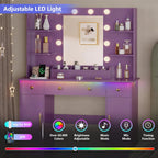 HUANLEGO Vanity Desk with Mirror and Lights, Makeup Vanity with Mirror and LED Lights & Power Outlet, 3 Drawers and Cabinets, 3 Lighting Modes Dressing Table Set for Girls Women Bedroom,Purple