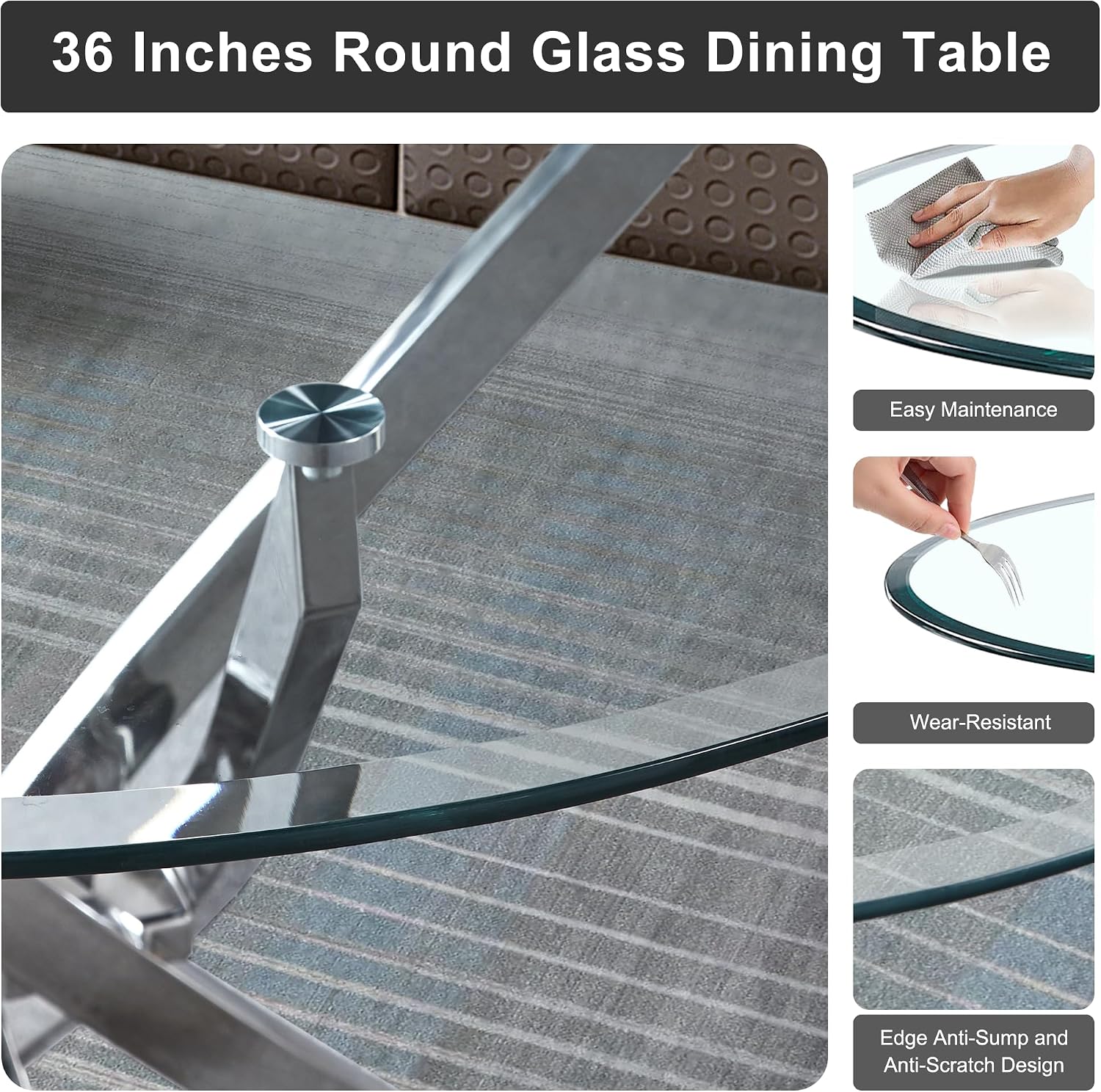 36 inch Round Glass Dining Table for 4 People,Modern Dining Room Table with Silver Stainless Steel Base,Dining Room/Apartment/Bistro Setting