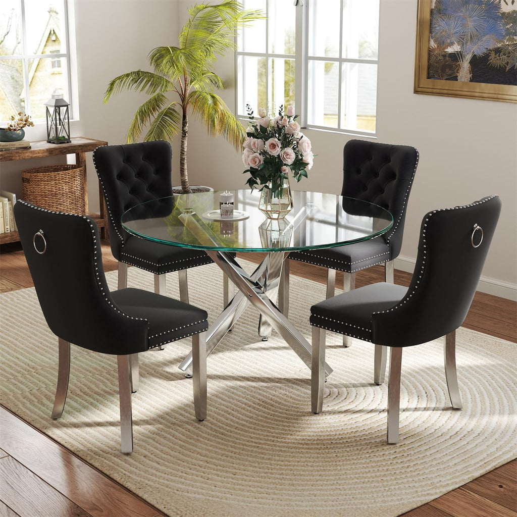 yeag 39 in Luxury Round Dining Table Set for 4, Modern Tempered Glass Top & Square Tube Crossed Metal Legs, with 4 Velvet Upholstered Kitchen Chairs, Adjustable Feet (Silver & Black)
