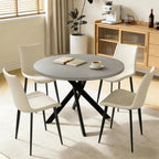 44" Round Dining Table with Chair Set for 4, Modern Mid-Century Dining Table Set of 4, Cozy Dinette Sets with Metal Leg for Kitchen Dining Room Apartment(Gray Table + Beige Chairs) | Cushioned Minimalist Beige Chairs of 4, Mid-Century Grey Tabletop
