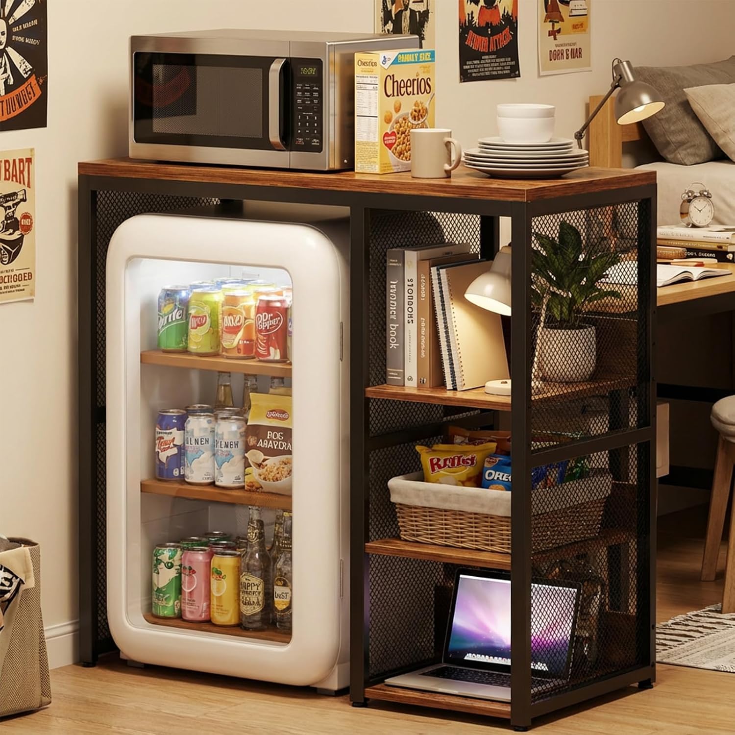 Homieasy Mini Fridge Cabinet with Power Outlet, Rustic Brown | Coffee Bar Cabinet with Mini Fridge Space, Industrial Liquor Cabinet with Wine Storage & Glass Holder for Dorm, Living Room