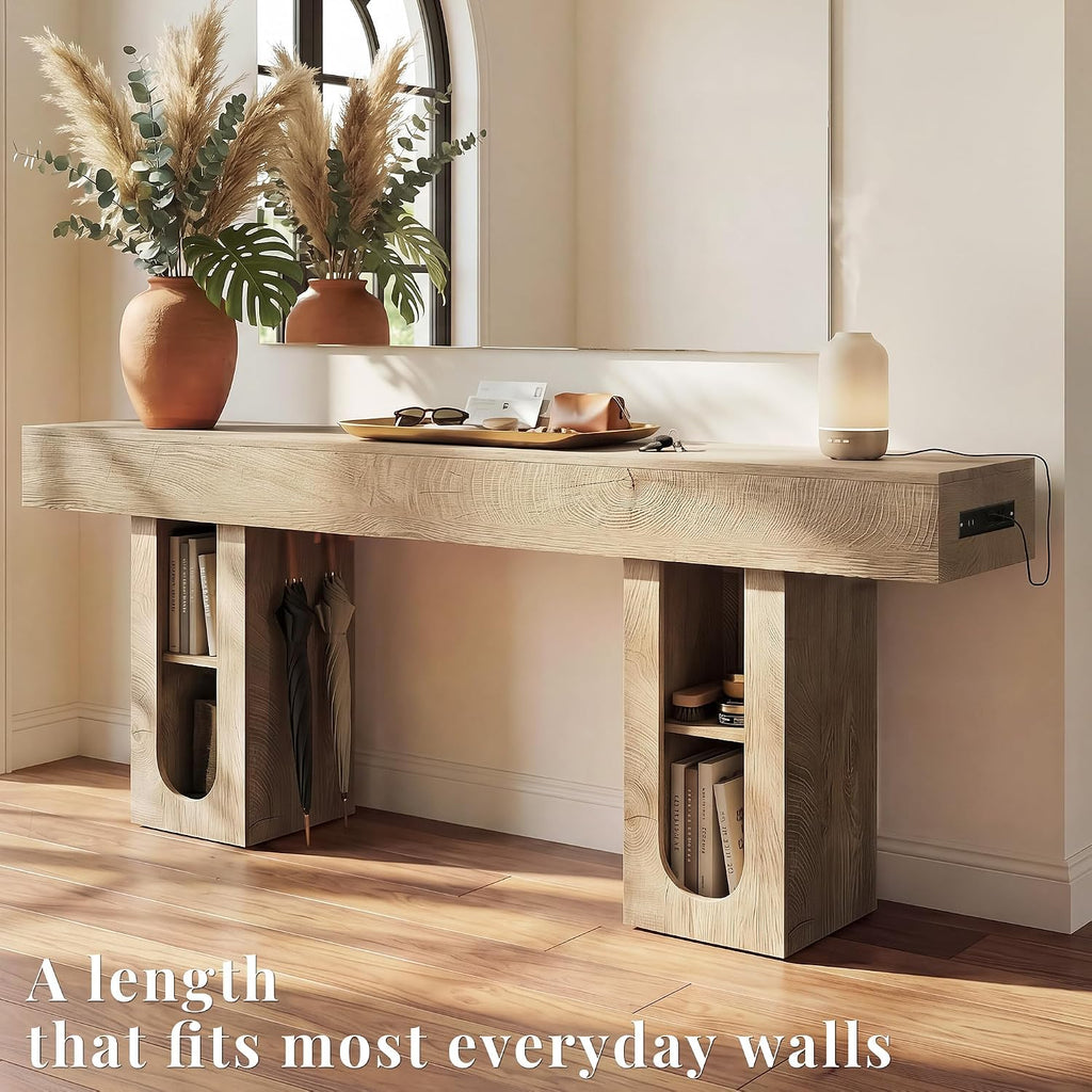 63 Inch Entryway Console Table with Power Outlets & Storage, Oak | Wooden Behind Couch Table, Farmhouse, Adjustable Shelves, 300LB Load, 5.9" Thick Top, MDF, Anti-Tip, Zero Wobble, Entrance