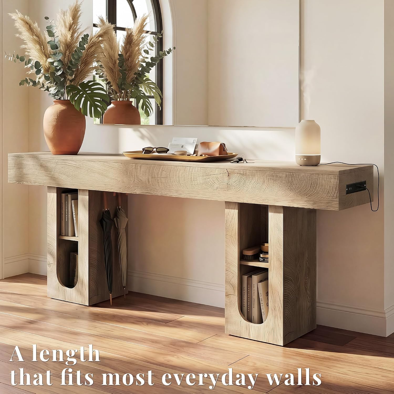 63 Inch Entryway Console Table with Power Outlets & Storage, Oak | Wooden Behind Couch Table, Farmhouse, Adjustable Shelves, 300LB Load, 5.9" Thick Top, MDF, Anti-Tip, Zero Wobble, Entrance