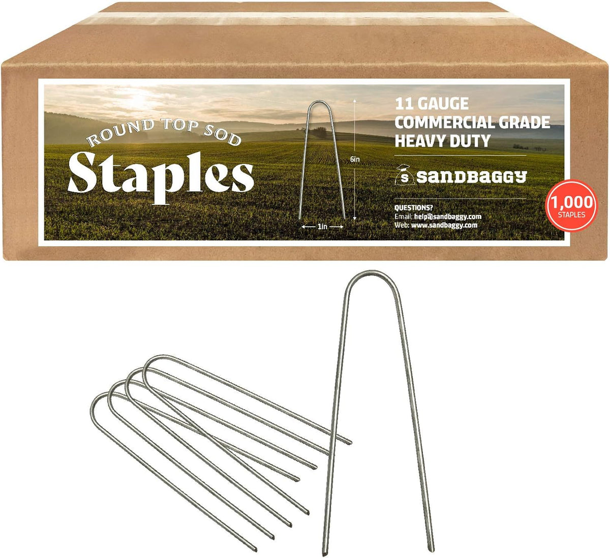 Sandbaggy Round Top 6-Inch Landscape Staples ~ SOD Garden Stakes Square Pin for Ground Cover Fabric & Drip Irrigation Tubing (1,000 Staples)