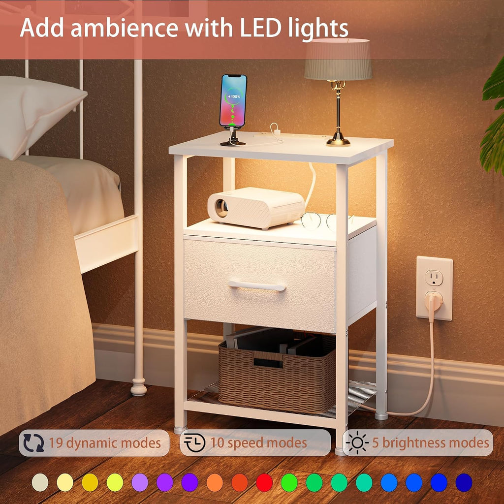 LAKEMID Nightstand with Charging Station,Bedside Table with Fabric Drawer,Bed Side Table with 20 Colors LED Light,Night Stand for Bedroom,White