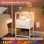 LAKEMID Nightstand with Charging Station,Bedside Table with Fabric Drawer,Bed Side Table with 20 Colors LED Light,Night Stand for Bedroom,White