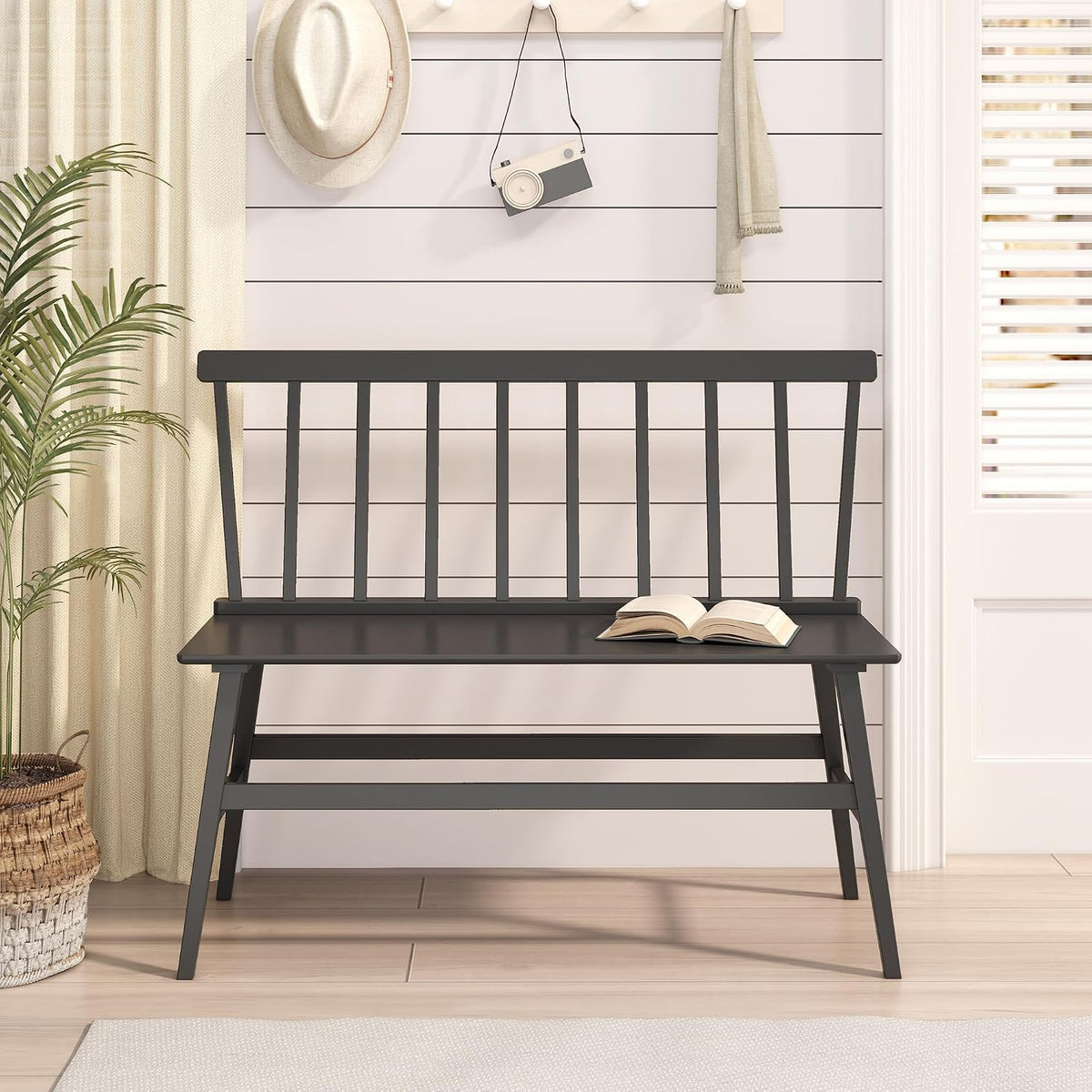 Wisuce Bamboo Dining Bench, Entryway Bench with Spindle Back (Black) | Bamboo & H-Shaped Support, Ergonomic Tilted Spindle Back, Multi-Scene Use, Easy Assembly & Maintenance