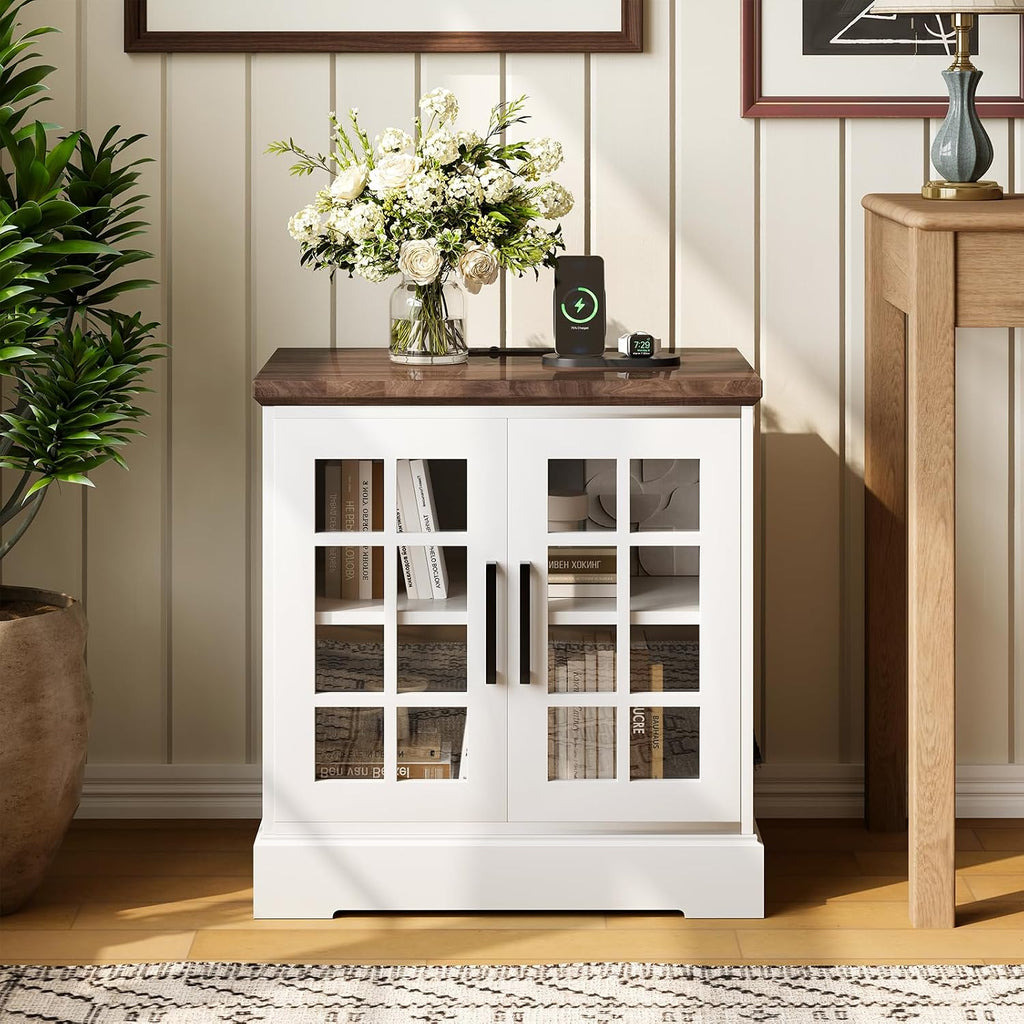 24" Farmhouse Nightstand with Charging Station, End Table with Tempered Glass Doors and Adjustable Shelf, Wood Square Side Table, Bedside Cabinet for Bedroom,Living Room- White