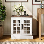 24" Farmhouse Nightstand with Charging Station, End Table with Tempered Glass Doors and Adjustable Shelf, Wood Square Side Table, Bedside Cabinet for Bedroom,Living Room- White