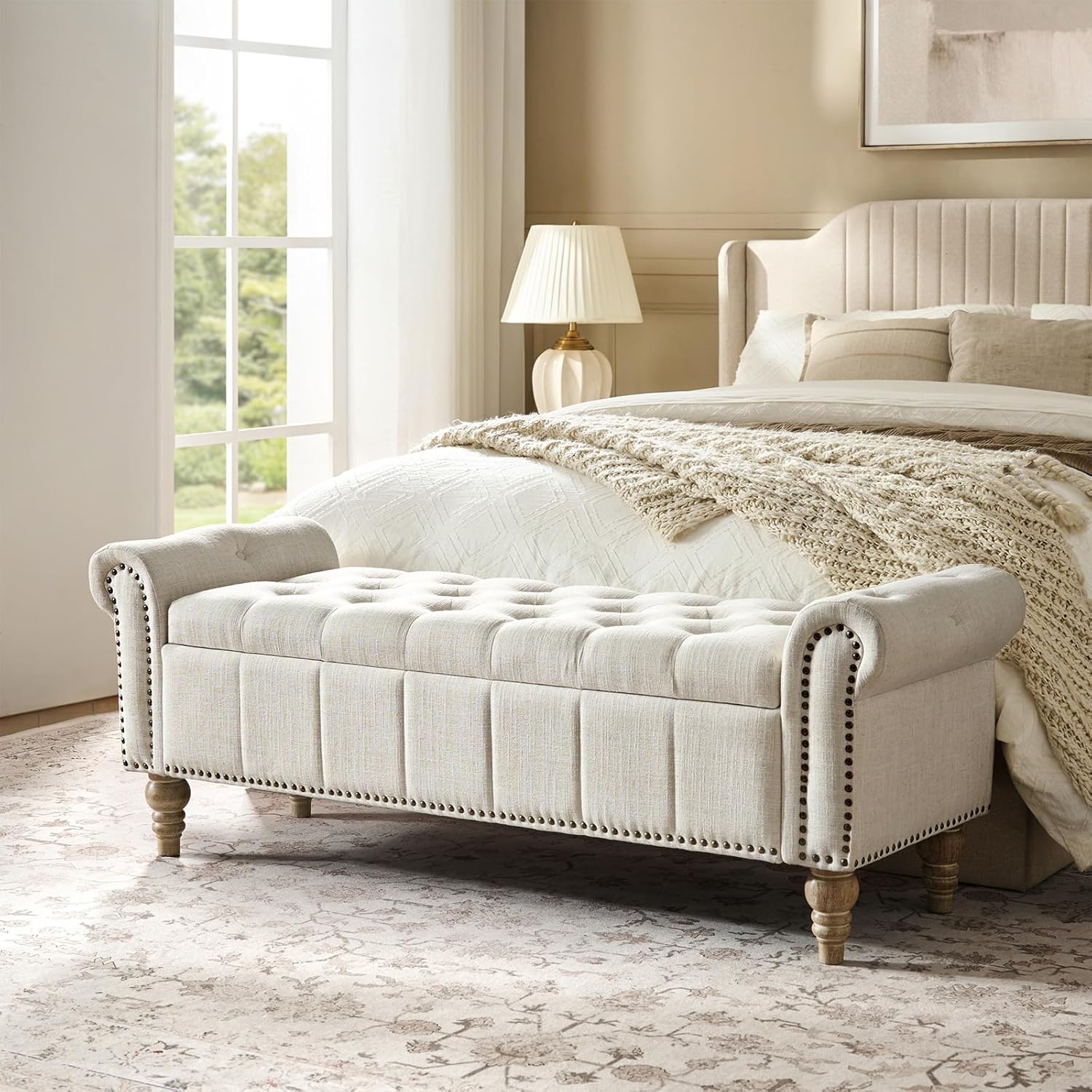 HULALA HOME Farmhouse Upholstered Storage Bench, End of Bed Bench with Vintage Button Tufted Design(Ivory)