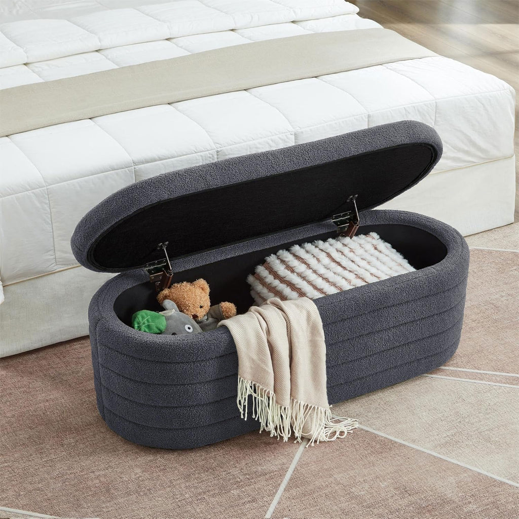 Storage Ottoman Bench End of Bed for Bedroom, Boucle Upholstered Entryway Shoe Seat Bench with Storage, Sherpa Modern Cute Padded Blanket Chest Stool Foot Rest for Living Room (Drak Gray)