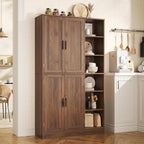 holzart 63" Tall Kitchen Pantry Cabinet, Freestanding Dining Room Storage Hutch with 4 Doors and Adjustable Shelves, Modern Utility Cupboard for Coffee Bar and Microwave, Brown