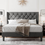 Feonase Queen Size Bed Frame with Diamond Tufted Wingback Headboard, Morden Upholstered Platform Bed, Sturdy Wooden Slats Support, Noise-Free, No Box Spring Needed, Easy Assembly, Dark Gray