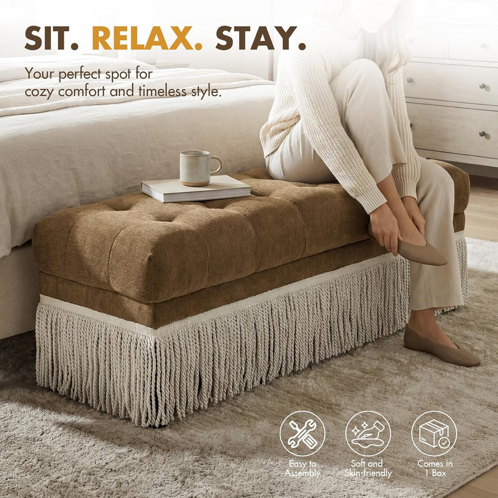 Hyfirm 47-Inch Chenille Ottoman Bench Vintage Tufted Fringe Design Brown | From bedroom dressing to living room lounging, this bench serves as an end-of-bed seat, sofa footrest, or entryway accent