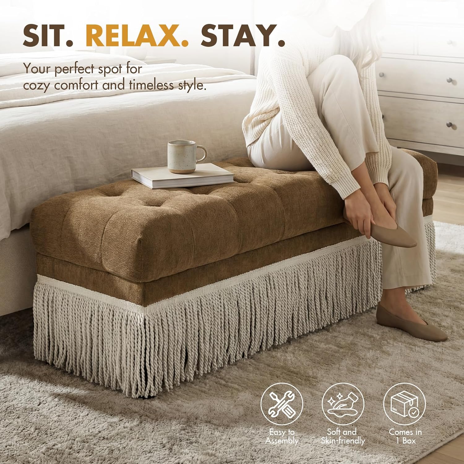 Hyfirm 47-Inch Chenille Ottoman Bench Vintage Tufted Fringe Design Brown | From bedroom dressing to living room lounging, this bench serves as an end-of-bed seat, sofa footrest, or entryway accent