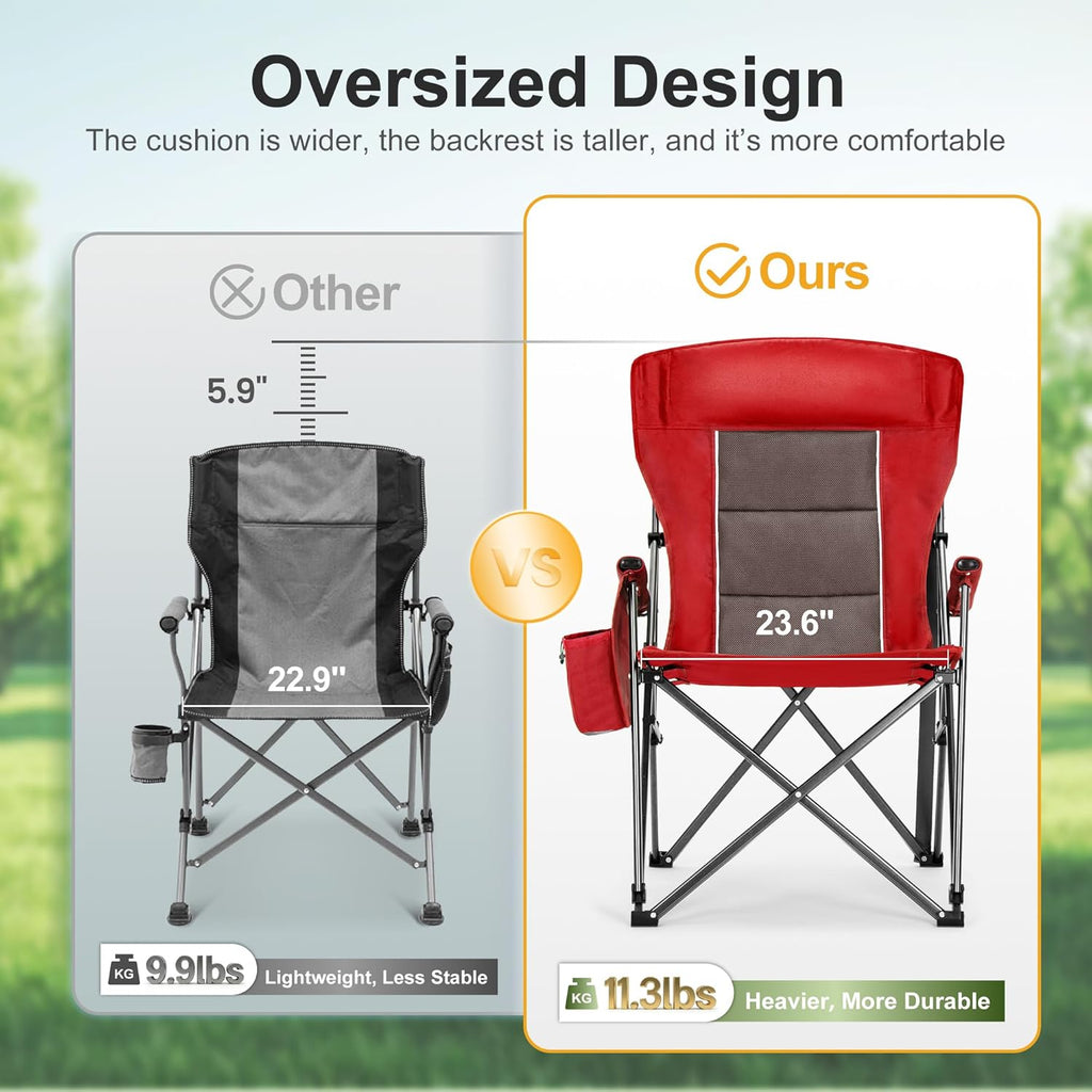 LET'S CAMP Oversized 29.52" High Back Camping Chairs Heavy Duty Lawn Chair Support 500LBS, Collapsible Chair with Cup Holder, Side Pocket,2 Pack(Red)