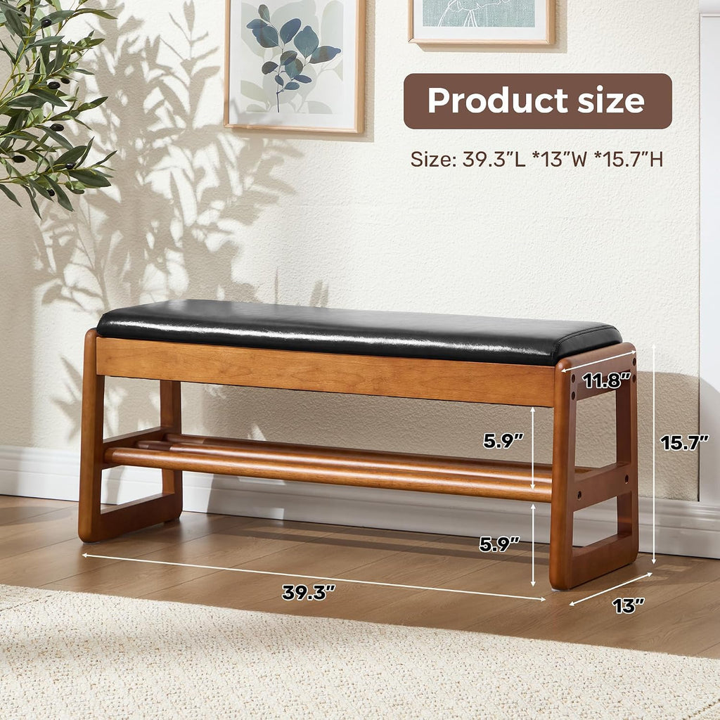 39.3" Shoe Rack Bench,2 Tiers Shoe Bench with Storage,Walnut Storage Bench with Faux Leather Cushion for Entrance Entryway Hallway Walnut PU Black
