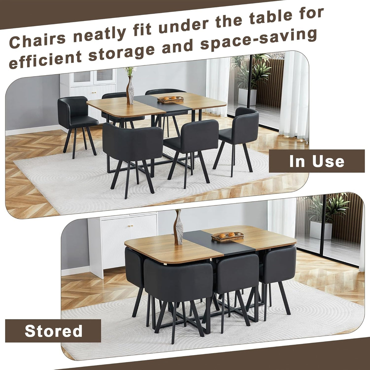 Dining Table Set for 6, 60" Faux Marble and Wood Kitchen Table with 6 PU Leather Chairs,Modern Retangular Dining Table Set for Kitchen,Living Room (Black, Wood+Black Table Set)