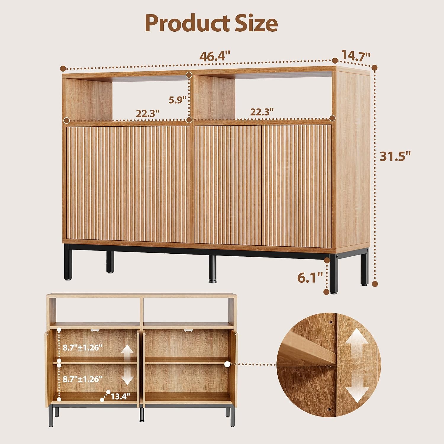 Mericonia Farmhouse Buffet Sideboard Cabinet with Storage, Fluted Coffee Bar with Doors and Adjustable Shelves, Modern Wood Console Cabinet for Kitchen, Livingroom (Fluted 4 Door, Natural)