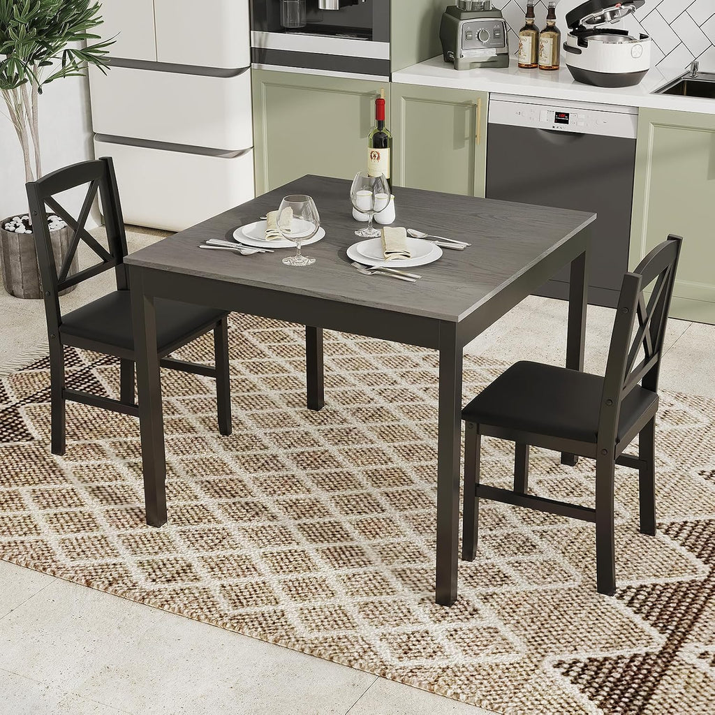 GOFLAME 3-Piece Dining Table Set for 2, Wooden Square Kitchen Table with 2 Upholstered Chairs, Space-Saving Dining Room Furniture Set for Dining Room, Breakfast Nook, Small Space, Grey & Black