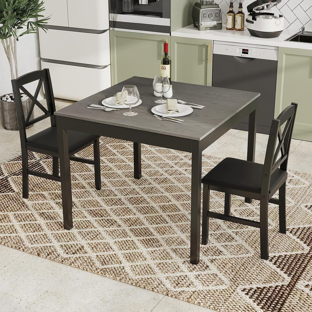 GOFLAME 3-Piece Dining Table Set for 2, Wooden Square Kitchen Table with 2 Upholstered Chairs, Space-Saving Dining Room Furniture Set for Dining Room, Breakfast Nook, Small Space, Grey & Black