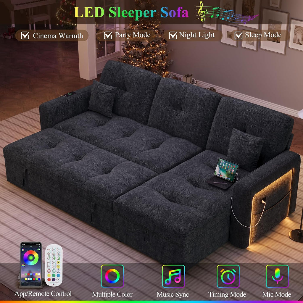 81'' LED L-Shaped Sectional Couch for Living Room, Sleeper Sofa Bed, Grey | Comfy Chenille Cloud Couch, Pull Out Bed, Storage Chaise, 5-level Adjustable Backrest, USB Charging, 2 Pillow, 900LB Capacity