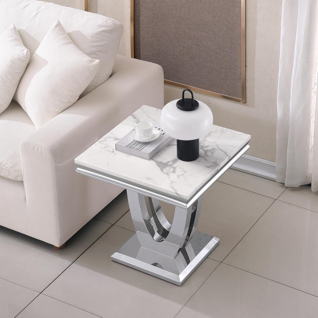 Henf 23in Square End Table Faux Marble End Table w/U Shape Steel Base,Luxury Sofa Side Table Tea Table for Living Room Office, Nightstand Bedside Table for Bedroom, White and Silver End Side Table