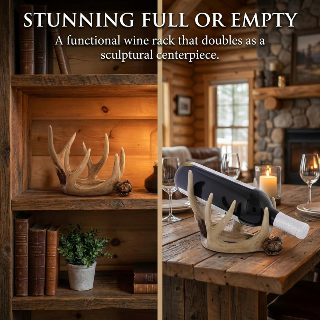 The Bridge Collection Antler Wine Bottle Holder – Rustic Deer Antler Bar and Countertop Decor – Cabin Lodge Wine Display Accent