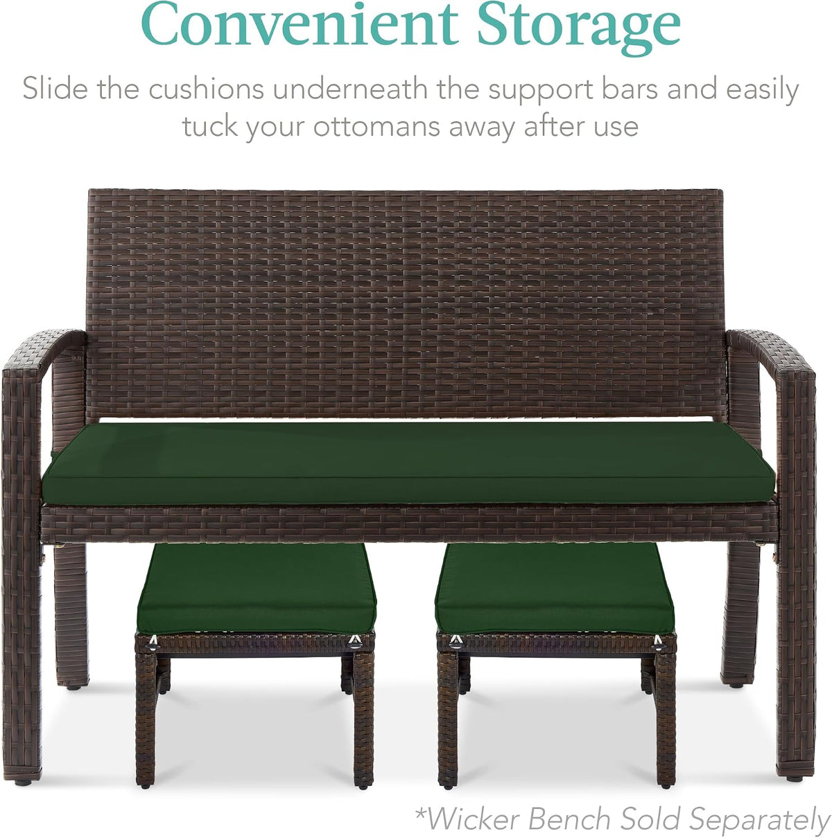 Best Choice Products Set of 2 Wicker Ottomans, Multipurpose Outdoor Furniture for Patio, Backyard, Additional Seating, Footrest, Side Table w/Removable Cushions, Steel Frame - Midnight Green/Brown