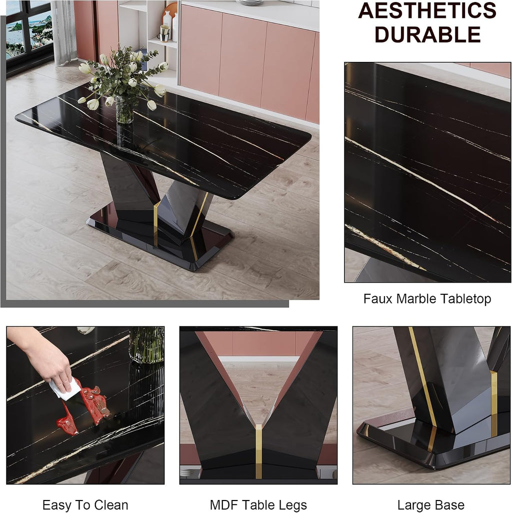 7 Pieces Modern Dining Table Set 63" Black Marble Dining Table Set for Rectangle Dining Room Table and 6 Black PU Leather Chairs for Kitchen, Office, Meeting Room, Restaurant