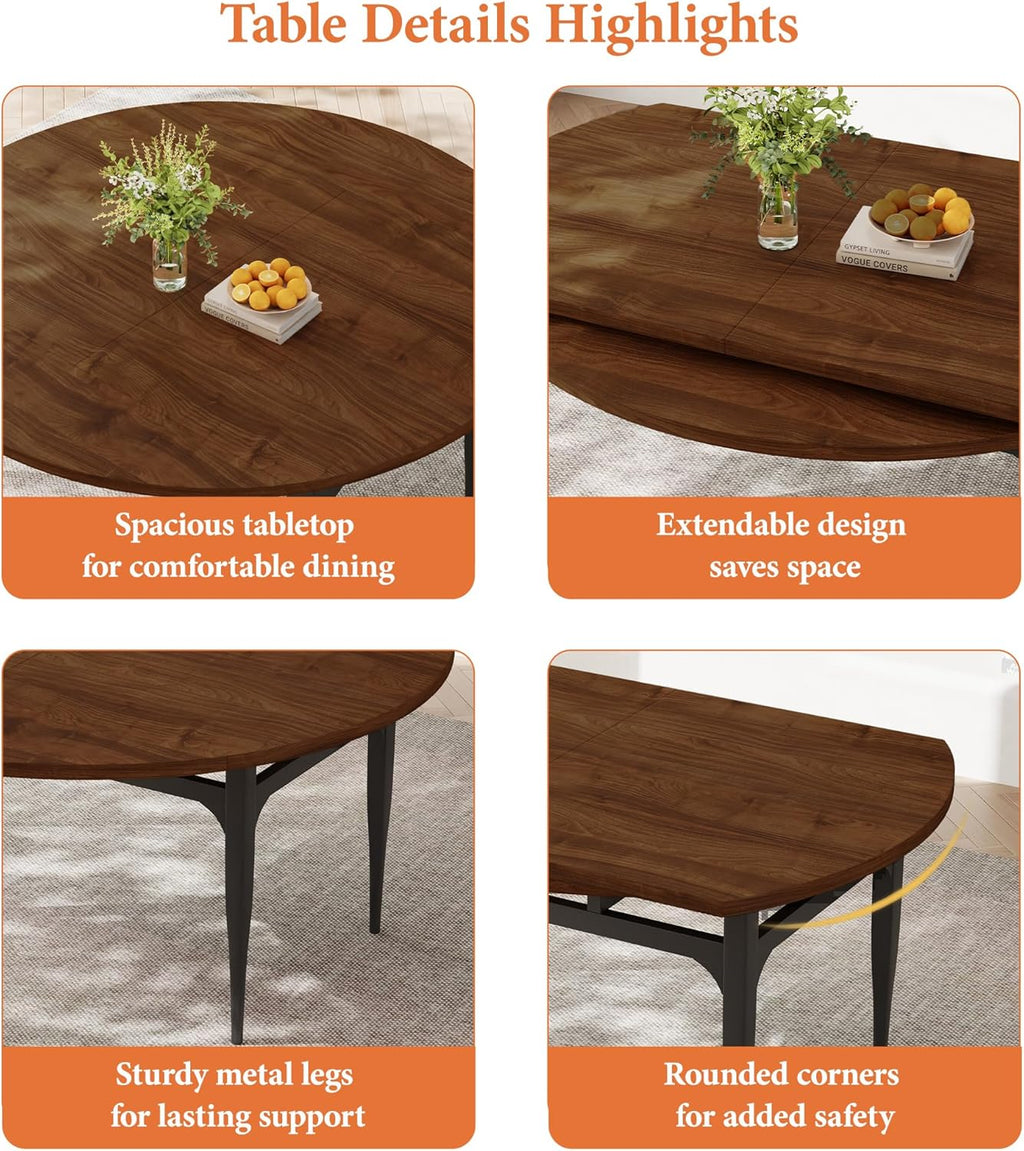 HIPIHOM Expandable Folding Dining Table Set, 55-Inch Round to Square Table with 6 Upholstered Chairs, Metal Frame, for Dining Room or Apartment (Round Table + 6 Brown Chairs)