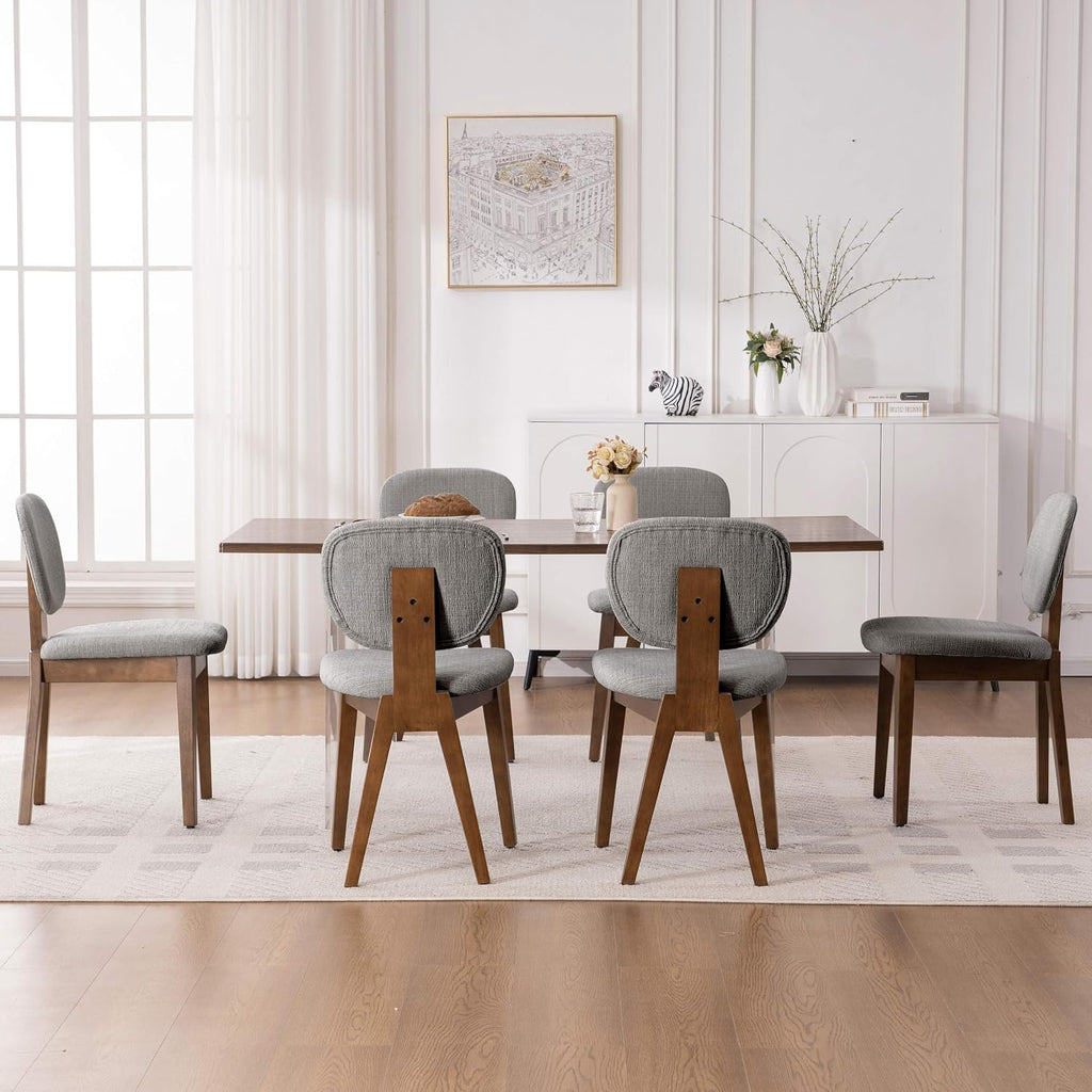 VKNOW Wooden Dining Chairs Set of 2, Mid Century Modern Upholstered Kitchen Side Chairs, Chenille Dining Room Chair with Curved Seat Backrest for Home Dining Room, Grey