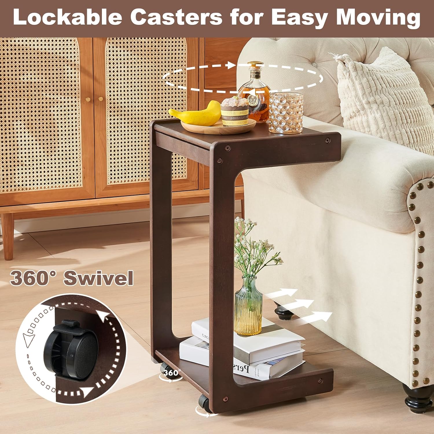 Uniclinens C Table for Sofa, Rolling Side Table with Wheels, Sofa Table with Storage, Narrow Sofa Tray, Skinny Thin Side Table, Solid Wood Slim Small Couch End Table for Living Room, Walnut