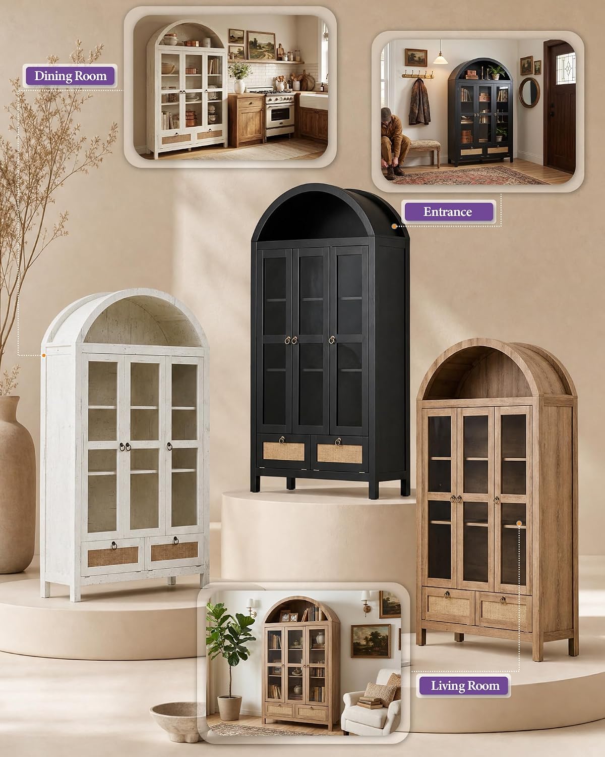 TYBOATLE 75'' Arched Cabinet with 3 Glass Doors, Pantry Cabinet for Kitchen | Arch Cabinet, Pantry Cupboard with Rattan Drawers and Anti-Tip Device, Farmhouse Pantry for Kitchen Bathroom, Black
