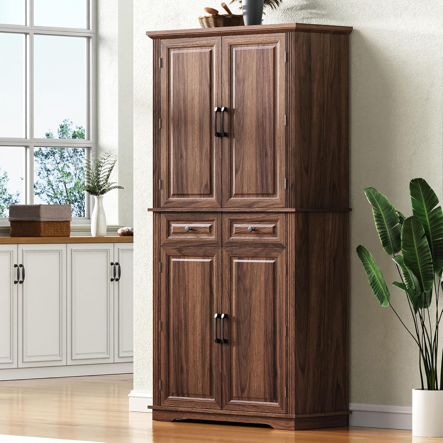 71" Tall Kitchen Pantry Cabinet, Freestanding Storage Cupboard with 3 Pull-Out Organizers, 6 Door Shelves & 2 Drawers, Embossed Texture Finish, for Kitchen Dining Room (Brown 4 doors 2 drawers +MDF)