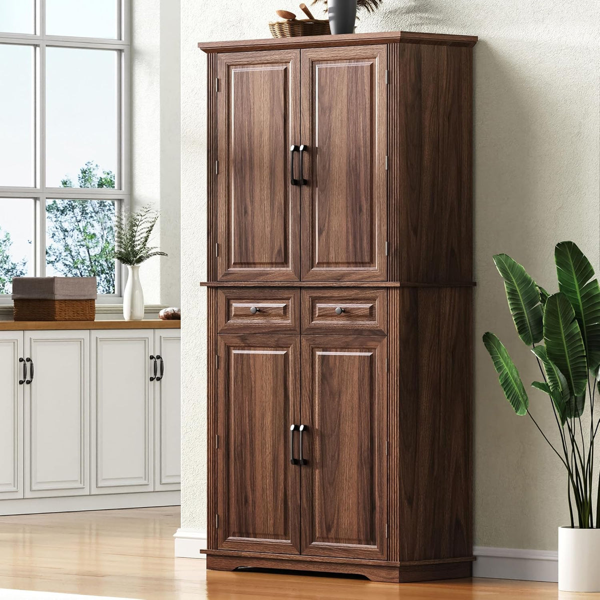 Merax 71" Tall Kitchen Pantry, Farmhouse Storage Cabinet with 6 Door Shelves, 2 Drawers and 3 Adjustable Shelves, Freestanding Rustic Wood Cupboard for Kitchen, Dining Room, Brown