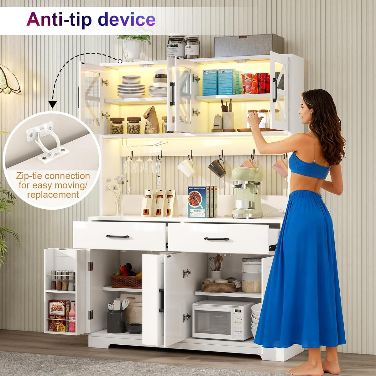 Vipbear 71" Tall Pantry Cabinet, Kitchen Hutch with Power Outlet, Farmhouse Buffet Sideboard with Door Racks, RGB LED Light Coffee Bar Cabinet for Kitchen Storage